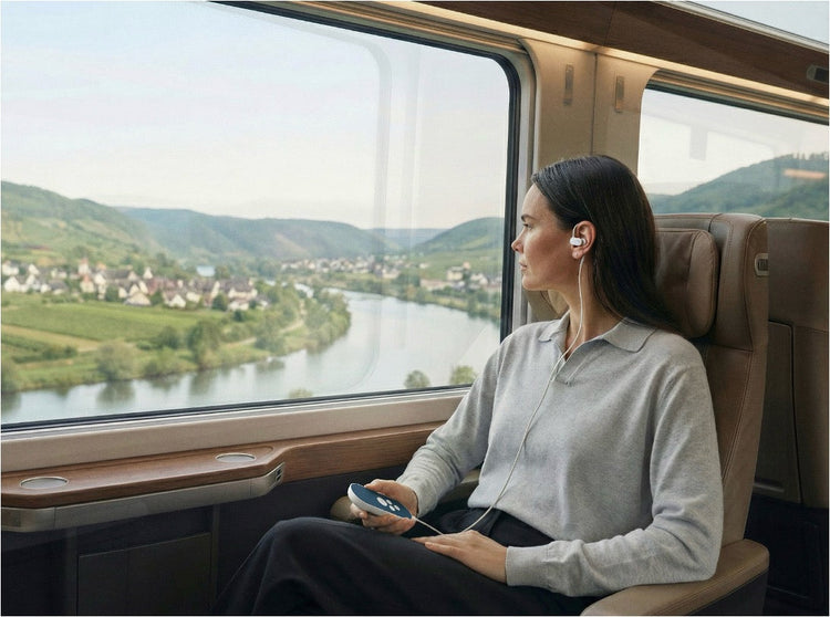 Woman on a train using the Nuropod vagus nerve stimulation earpiece while breathing calmly by the window